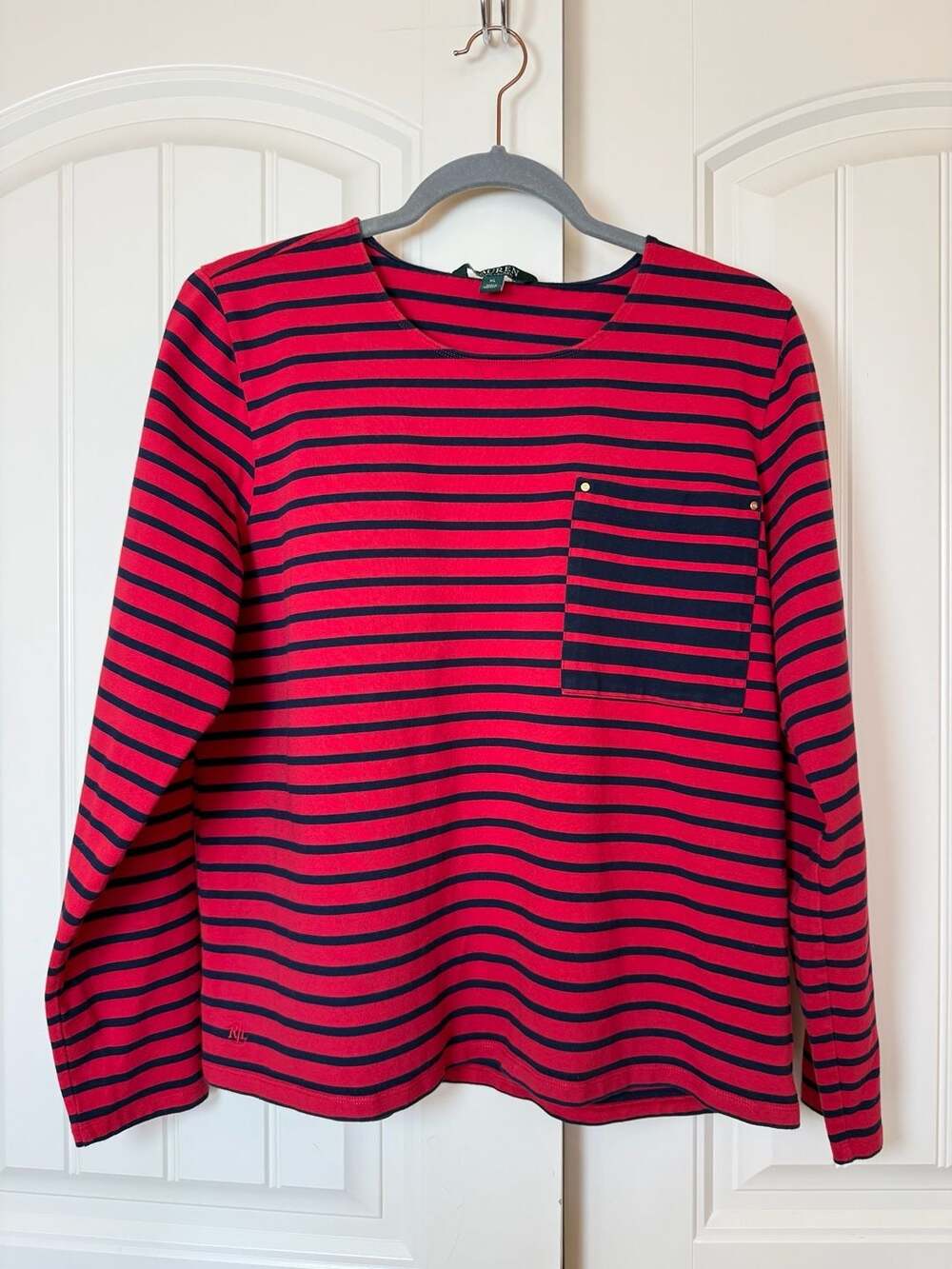 XL Ralph Lauren Red and Navy Striped Long Sleeve Top with Pocket